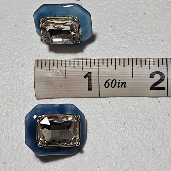 Vintage Blue Gold Tone Rhinestone Square Drop Earrings Retro 60s Fashion Jewelry - Picture 4 of 4